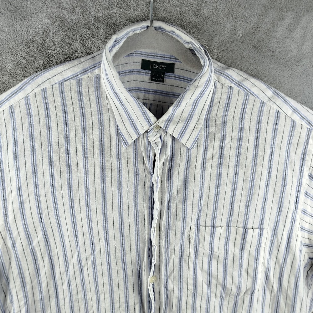 J Crew Shirt 100% Linen Button Up‎ Mens L White Striped Long Sleeve Pocket